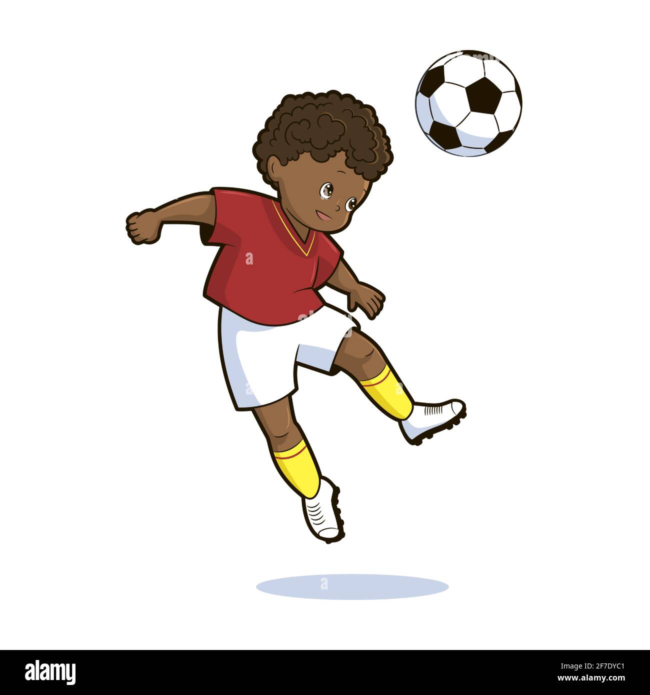 Fußballspieler, Teenager-Junge in einem roten Sporthemd und Shorts kickt einen Fußball. Vektorgrafik im Cartoon-Stil isoliert auf weißem Hintergrund. Stock Vektor