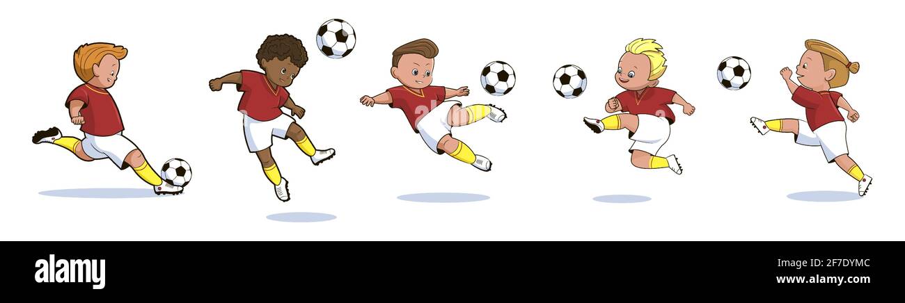 Fußballspieler, Teenager-Junge in einem roten Sporthemd und Shorts kickt einen Fußball. Vektorgrafik im Cartoon-Stil isoliert auf weißem Hintergrund. Stock Vektor