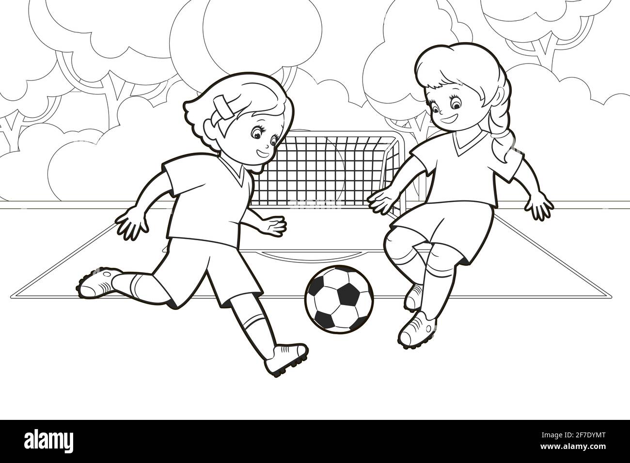 Teenager-Mädchen spielen Fußball, indem sie einen Ball treten, während sie auf dem Fußballfeld laufen.Vektor-Illustration im Cartoon-Stil, isolierte schwarze und weiße Linienkunst Stock Vektor