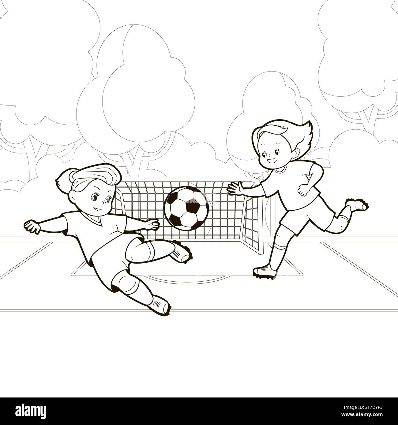 Teenager-Mädchen spielen Fußball, indem sie einen Ball treten, während sie auf dem Fußballfeld laufen.Vektor-Illustration im Cartoon-Stil, isolierte schwarze und weiße Linienkunst Stock Vektor