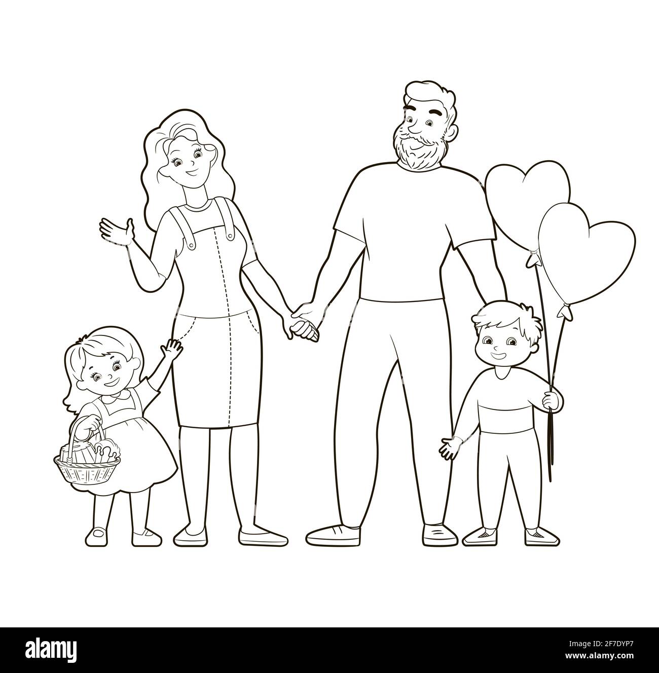 Malbuch: Große glückliche Familie im Freien, auf dem Hintergrund des Hauses und Wald. Vektor-Illustration im Cartoon-Stil, schwarz-weiße Linienkunst Stock Vektor