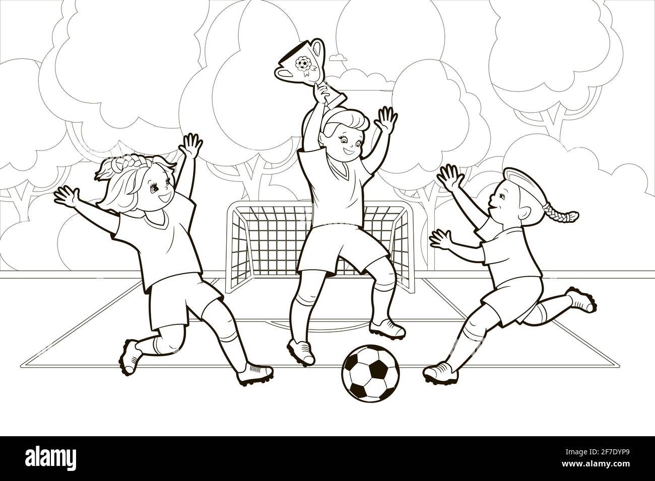 Teenager-Mädchen spielen Fußball, indem sie einen Ball treten, während sie auf dem Fußballfeld laufen.Vektor-Illustration im Cartoon-Stil, isolierte schwarze und weiße Linienkunst Stock Vektor