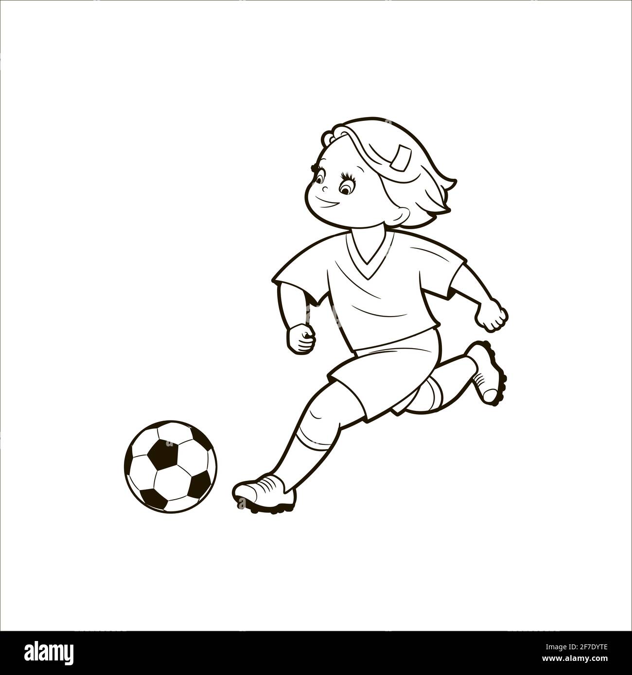 Teenager-Mädchen spielen Fußball, indem sie einen Ball treten, während sie auf dem Fußballfeld laufen.Vektor-Illustration im Cartoon-Stil, isolierte schwarze und weiße Linienkunst Stock Vektor