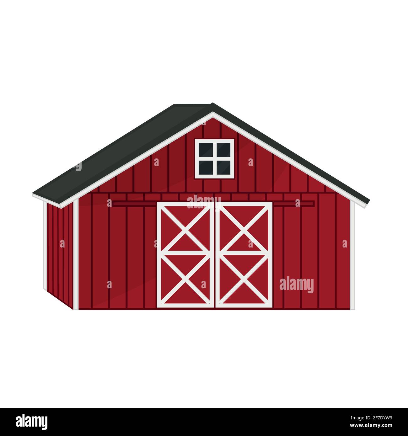 Vector Doodle Cartoon einzigen roten Holzscheune Haus mit dreieckigen grauen Dach, Fenster und Türen mit gekreuzten weißen Brettern. Kontur isoliert von Hand gezeichnet Stock Vektor