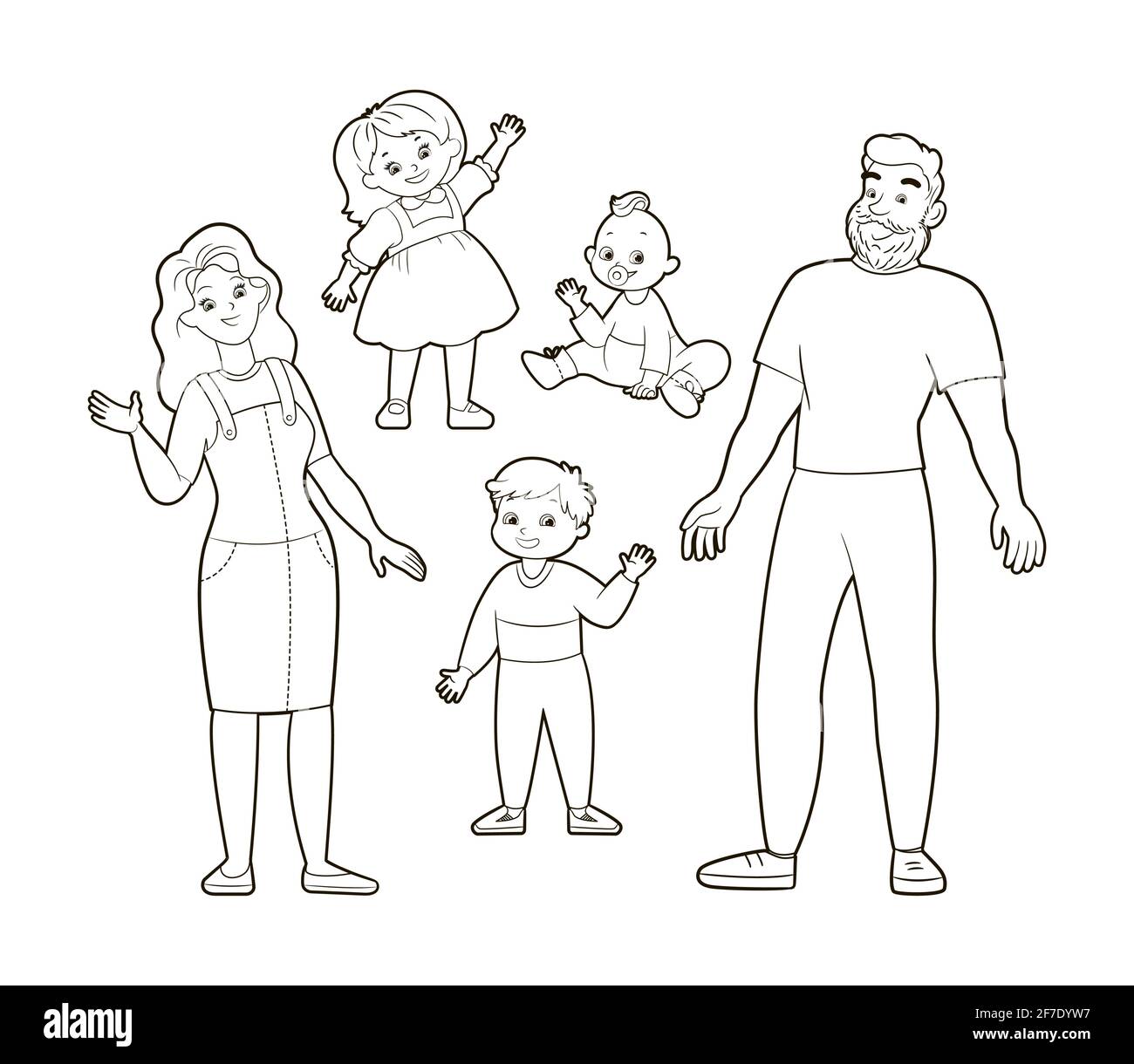 Malbuch: Große glückliche Familie im Freien, auf dem Hintergrund des Hauses und Wald. Vektor-Illustration im Cartoon-Stil, schwarz-weiße Linienkunst Stock Vektor