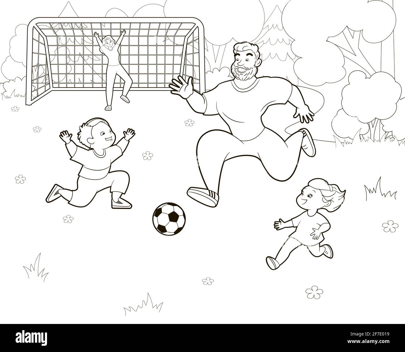 Malbuch Familie Fußball spielen auf dem Rasen.Mutter Vater und Kinder kick den Ball.Vector Illustration in Cartoon-Stil, schwarz und weiß Strichkunst Stock Vektor
