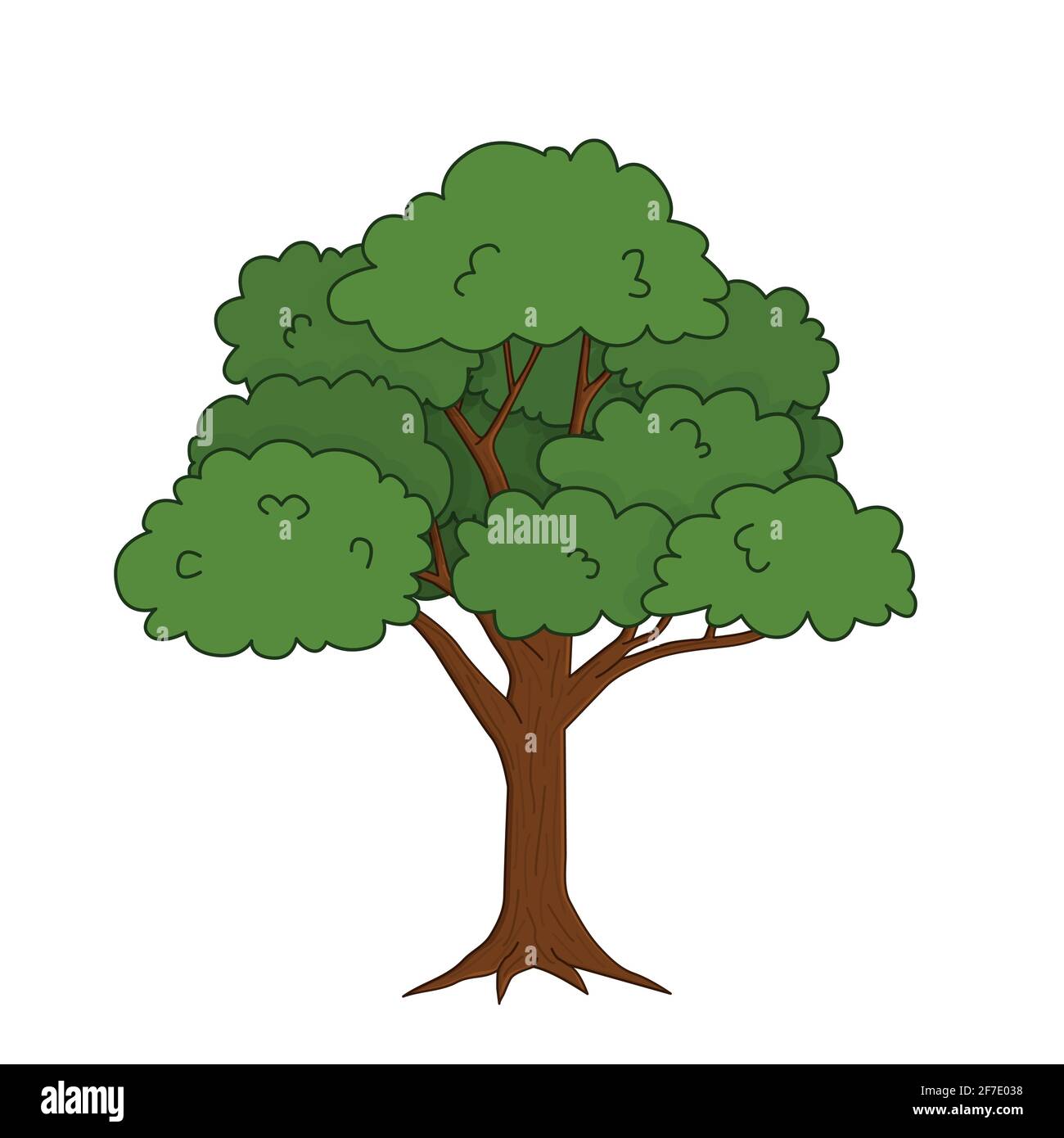 Vektor skizzieren Doodle Cartoon einzelne helle grüne Eiche Baum. Isolierte, handgezeichnete Illustration auf weißem Hintergrund für die Waldszene. Stock Vektor