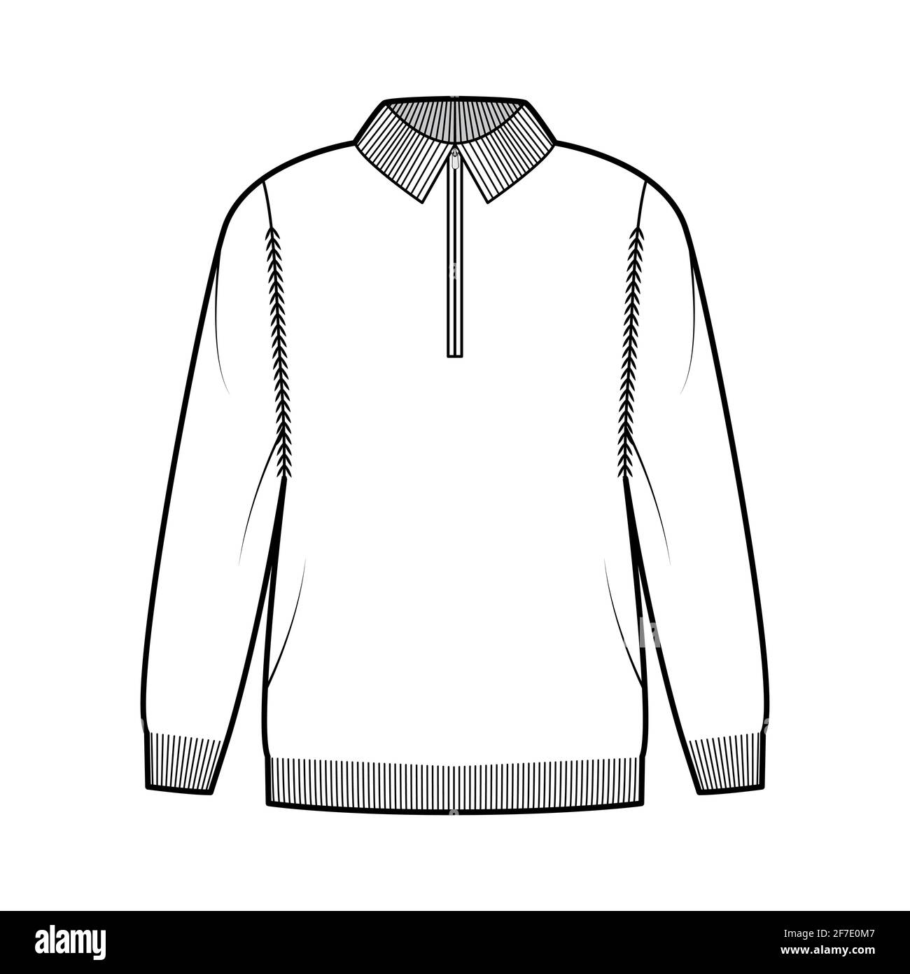 Zip-up Sweater technische Mode Illustration mit geripptem henley-Ausschnitt, klassischem Kragen, lange Ärmel, überdimensioniert, Hüftlänge, Strickleiste. Flatwear Front, weiß. Frauen, Männer Unisex-CAD-Modell Stock Vektor