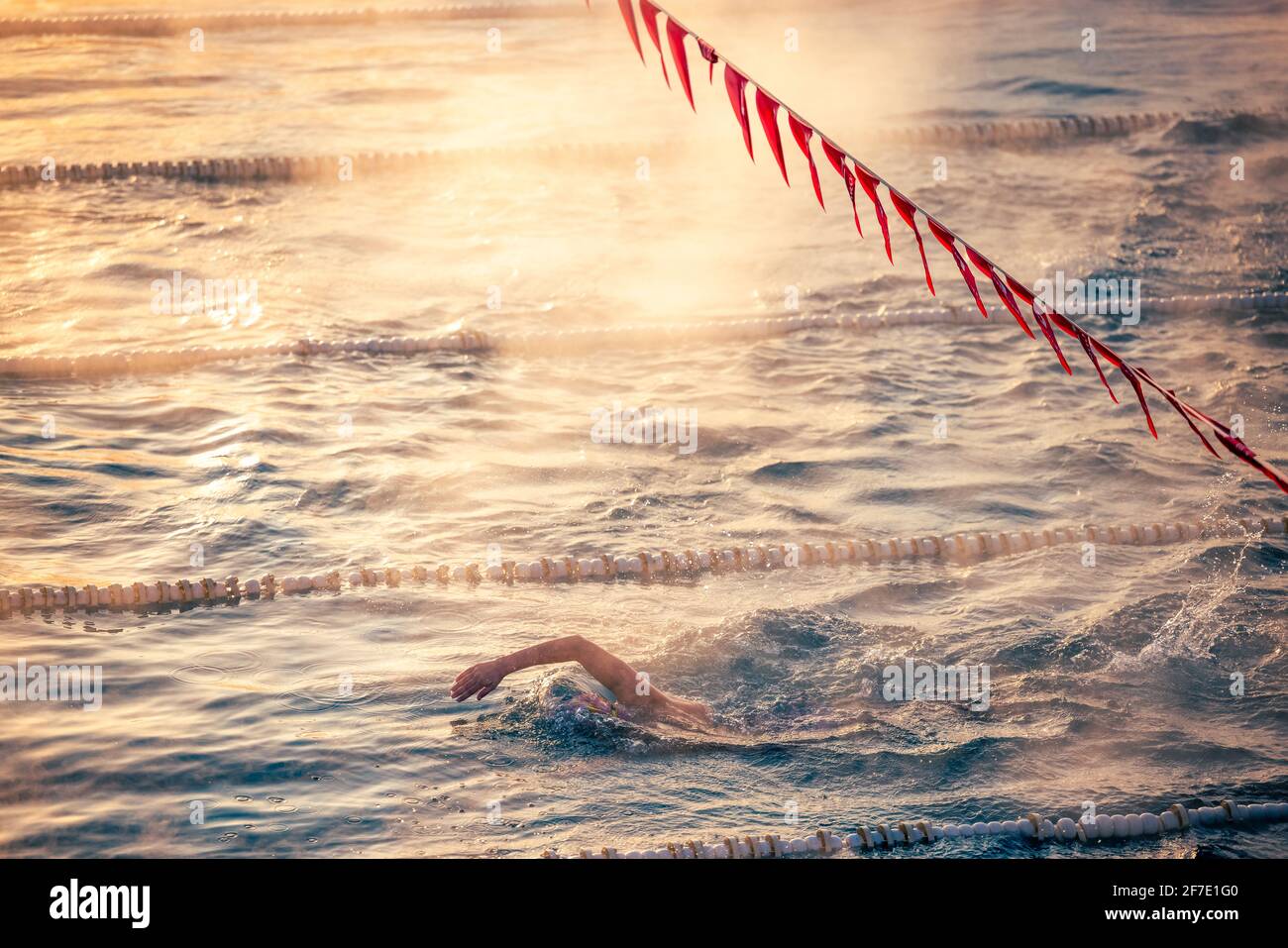 Korridor Bahnen und Schwimmer im Schwimmbad mit Nebel über dem Wasser. Sportwettbewerb. Stockfoto