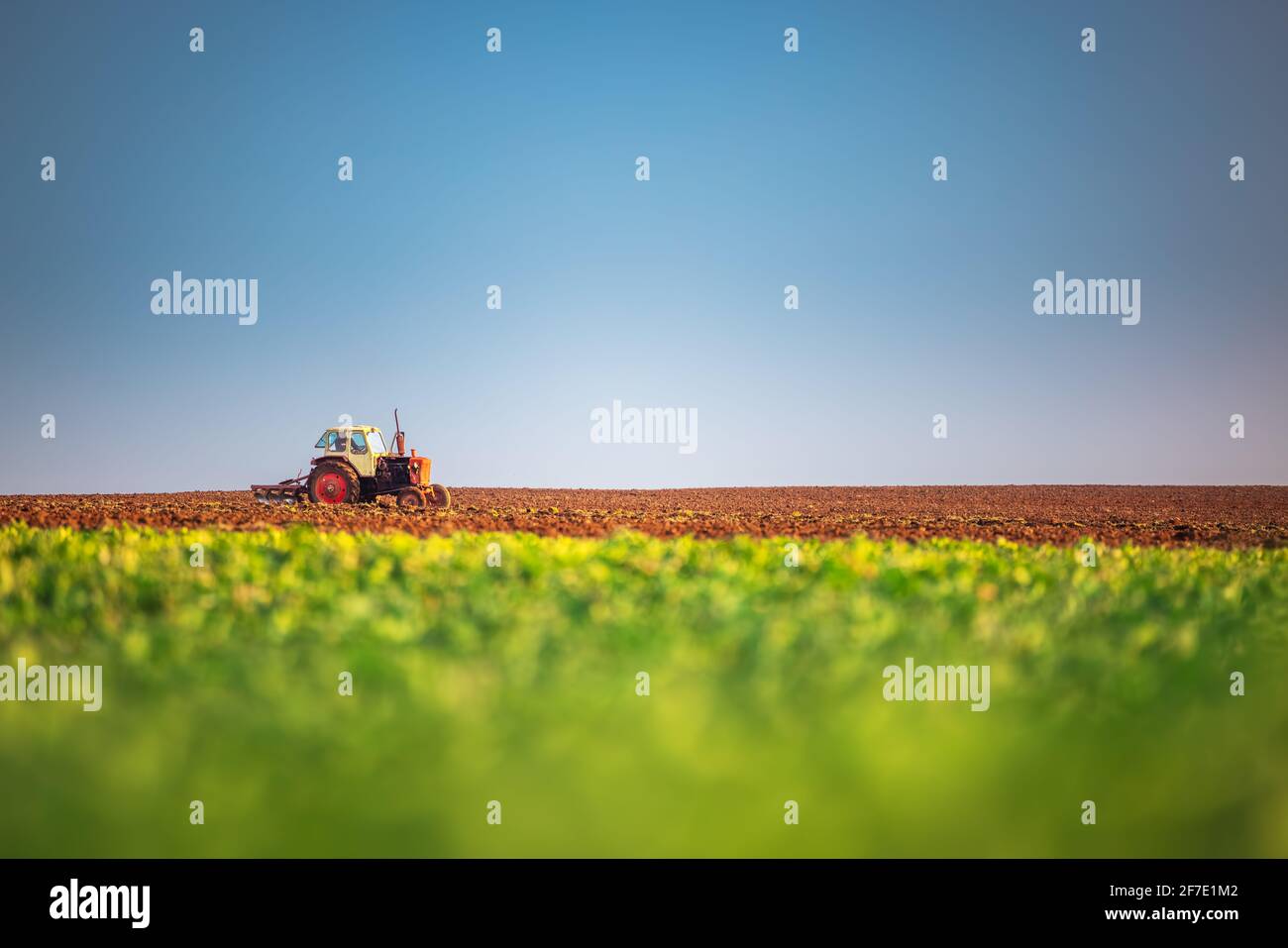 Traktor pflügen die Felder , landwirtschaftliche Landschaft Stockfoto