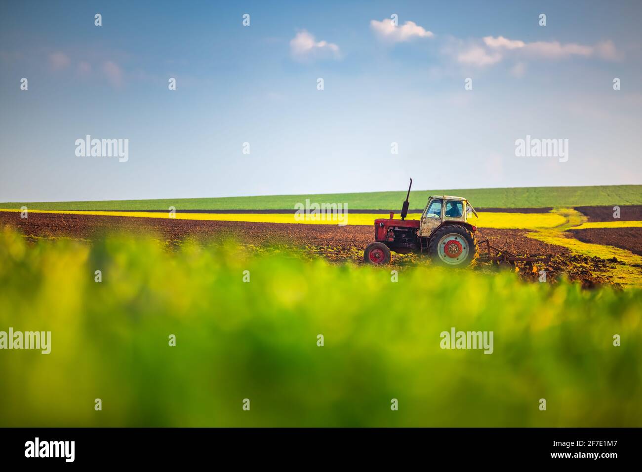 Traktor pflügen die Felder , landwirtschaftliche Landschaft Stockfoto