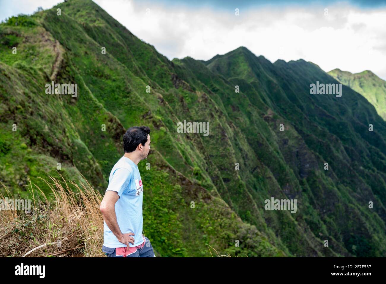 Brunette Mann mit Blick auf eine Bergkette in Hawaii Stockfoto