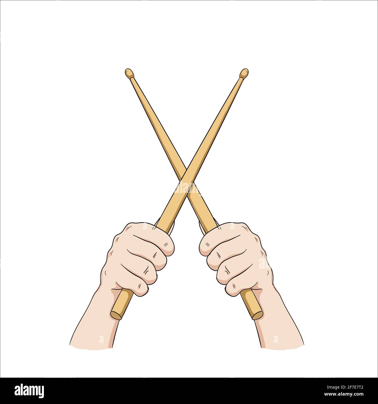 Rock and Roll Musik Konzept Hand hält Drumsticks isoliert weiß Vektordarstellung im Hintergrund Stock Vektor