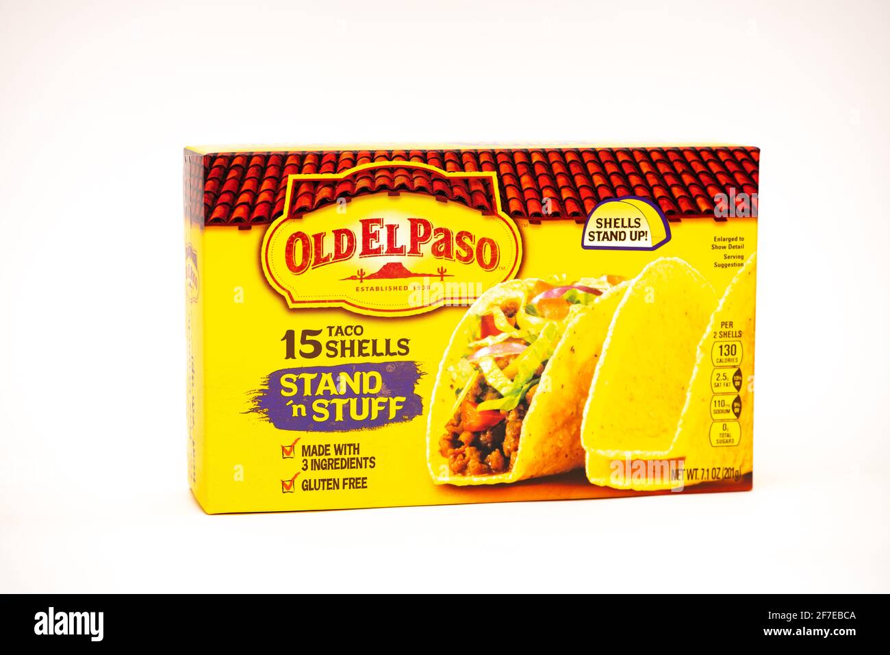 Eine Schachtel mit 15 Old El Paso Stand 'n Stuff taco-Muscheln Stockfoto