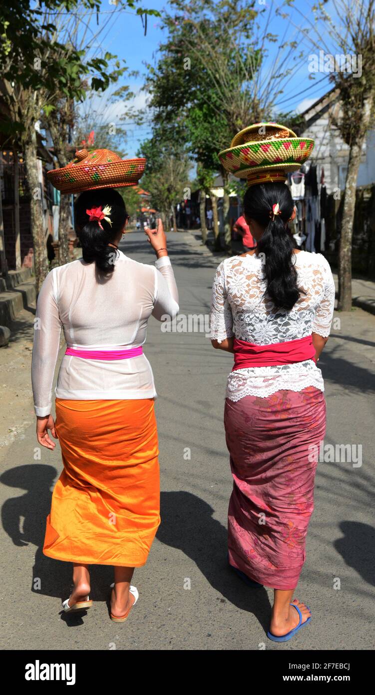 Balinesische Frauen tragen Opfergabe auf ihrem Kopf in der Nähe des Tirta-Empul-Tempels in Bali, Indonesien. Stockfoto