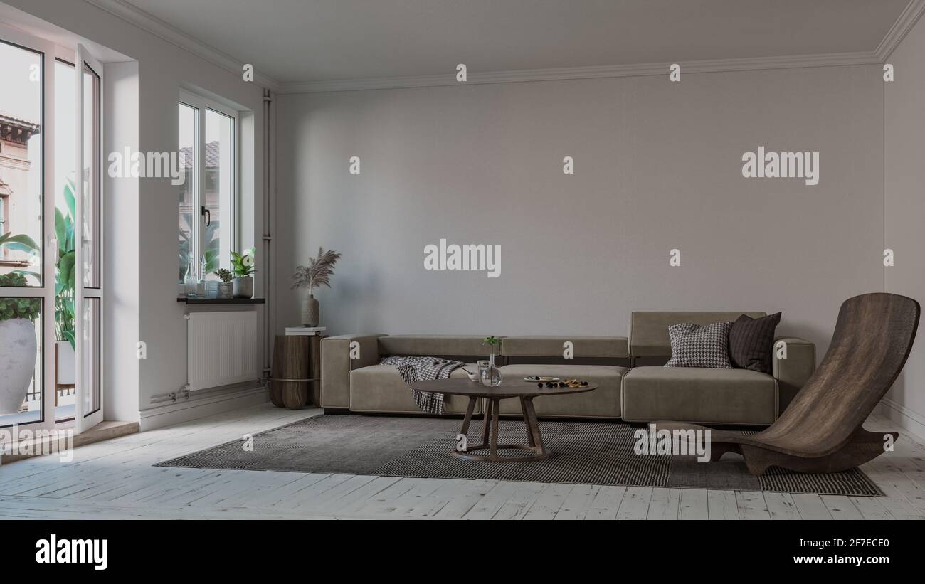 Moderne Inneneinrichtung für Zuhause, Büro, Innenausstattungen, Polstermöbel auf weißem Wandhintergrund. Stockfoto