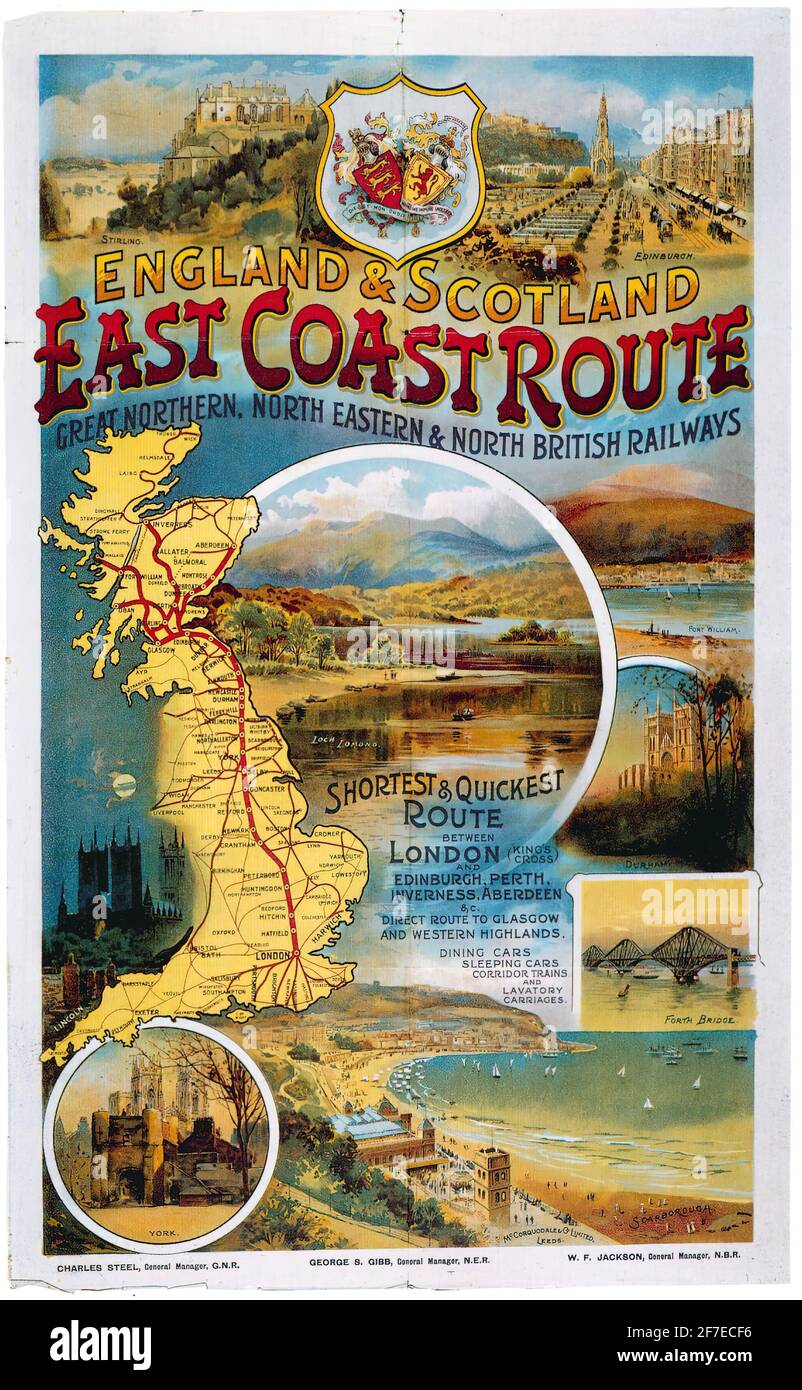 Ein altes britisches Reiseplakat für die East Coast Route von England und Schottland auf der Great Northern, North Eastern und North British Railways Stockfoto
