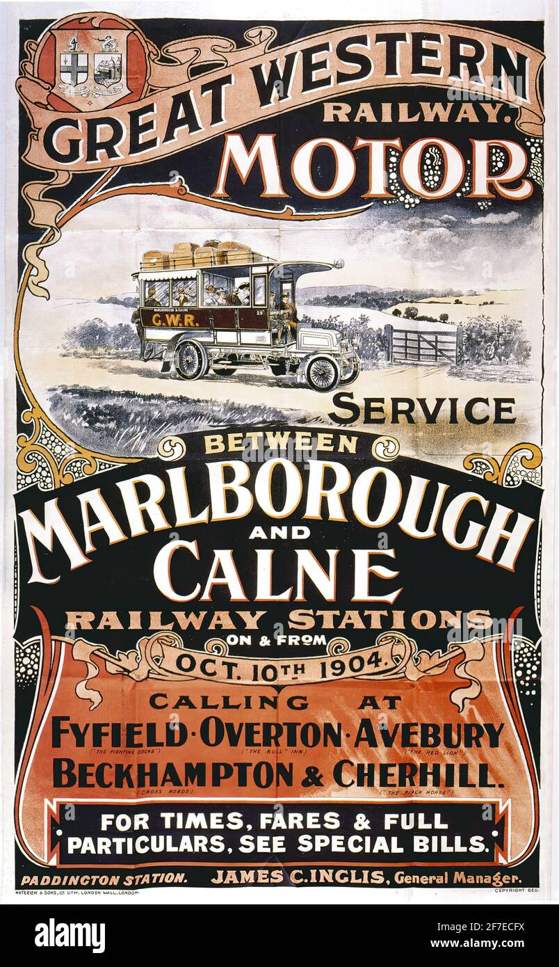 Ein Vintage-Reiseplakat für den Great Western Railway Motor Service zwischen Marlborough und Calne Stockfoto