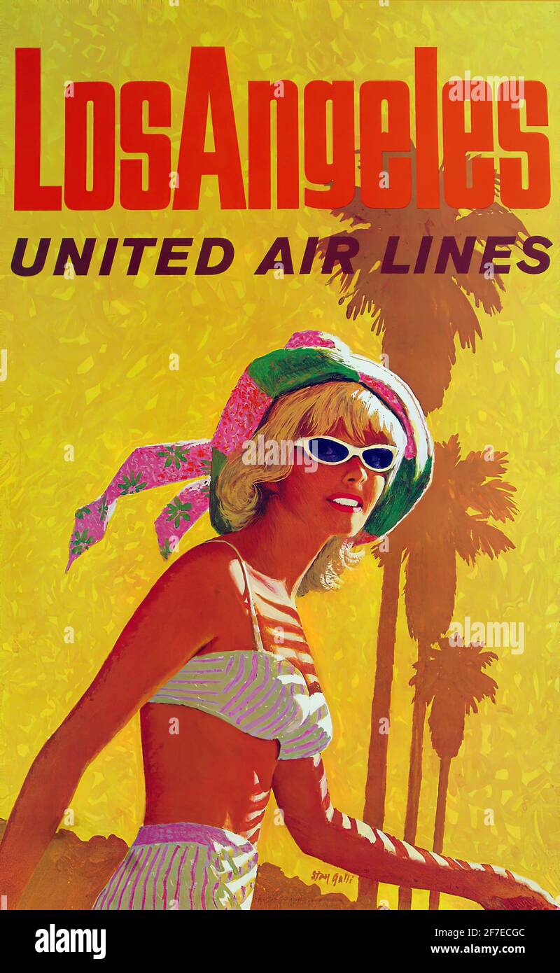 Ein Vintage-Reiseposter für Los Angeles von United Airlines Stockfoto