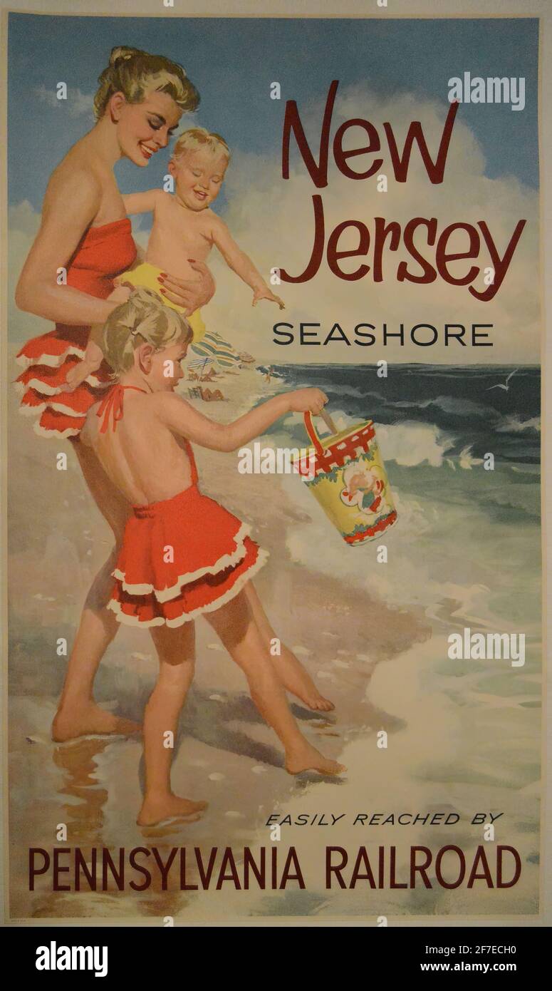 Ein Vintage-Reiseposter für die New Jersey Seashore Via Die Pennsylvania Railroad Stockfoto