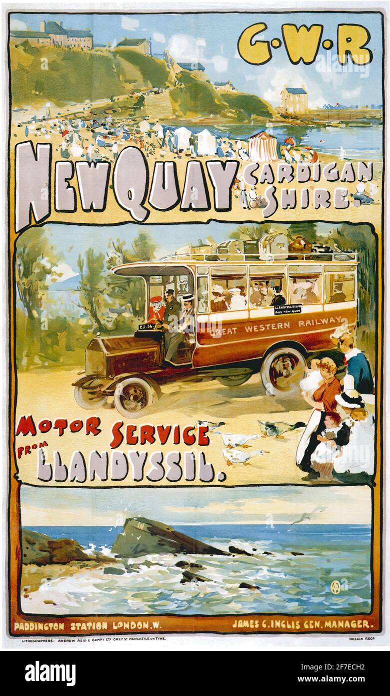 Ein Vintage-Reiseplakat für die Great Western Railway nach Newquay in Cardiganshire, Wales und ein Busservice nach Llandyssil Stockfoto