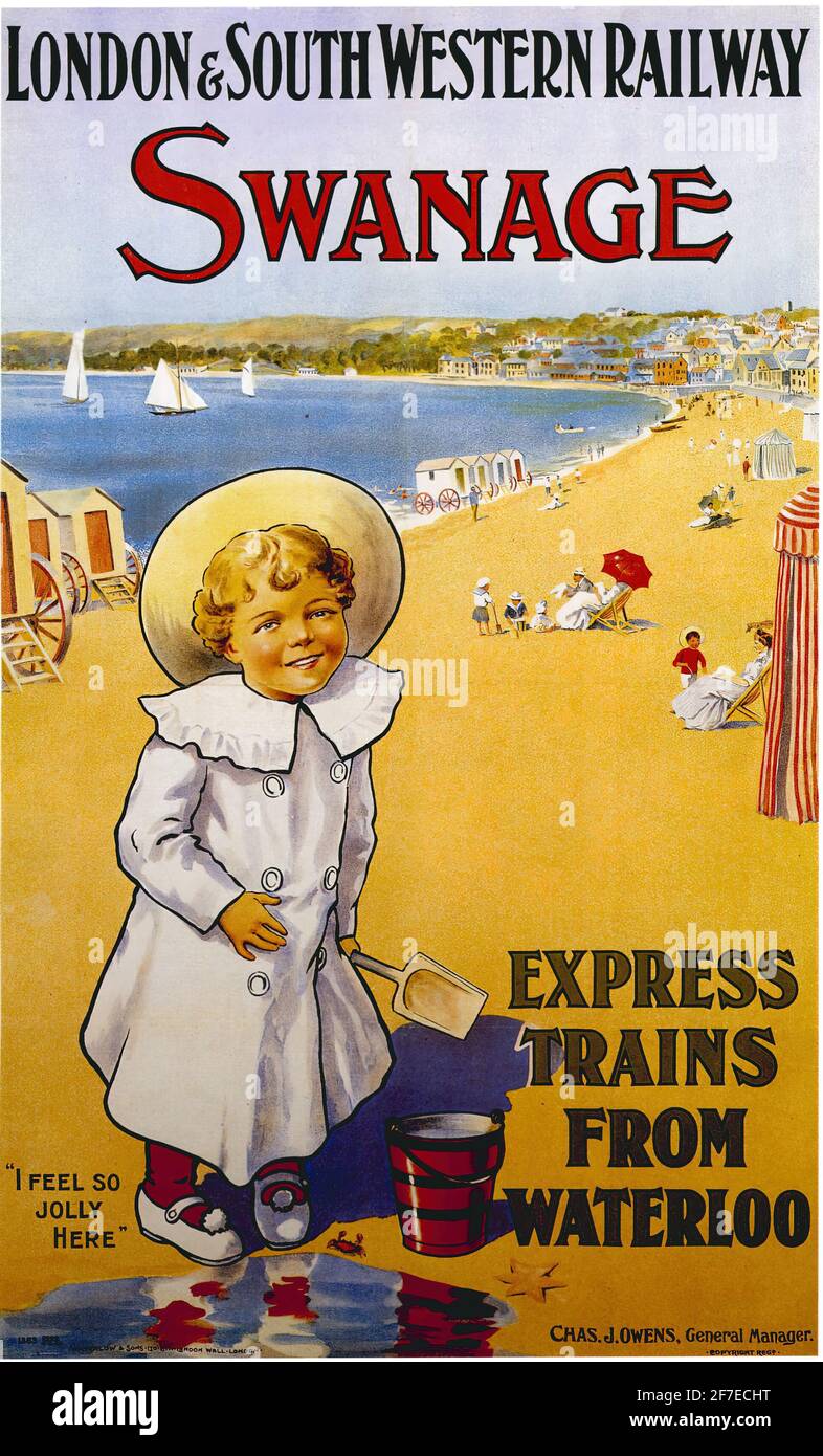 Ein Vintage-Reiseinplakat für London & Südwest Bahn nach Swanage in Dorset Stockfoto