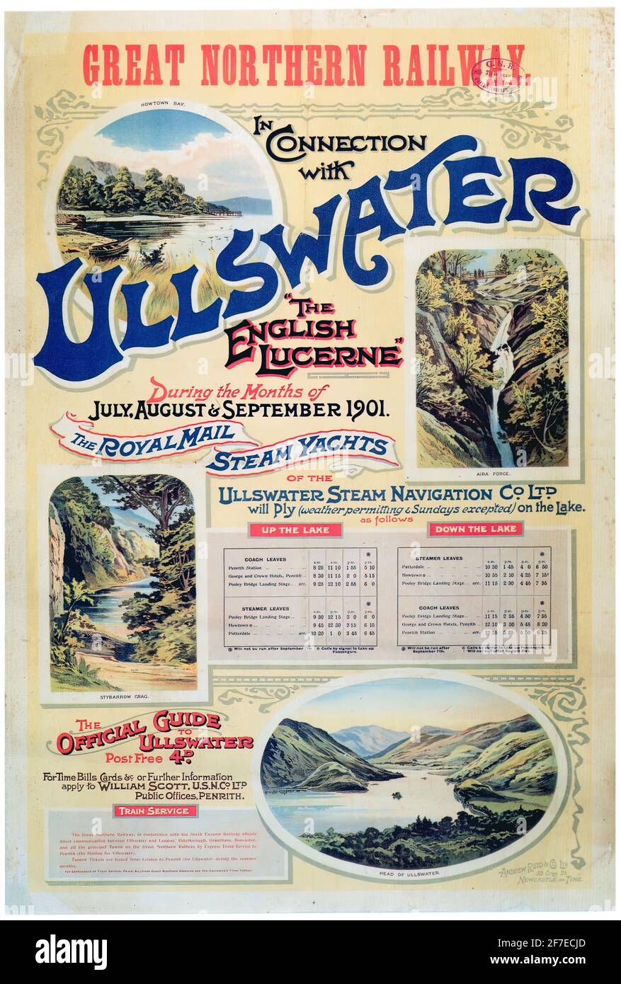 Ein Vintage-Reiseplakat für die Great Northern Railway nach Ullswater, Lake District, Cumbria Stockfoto