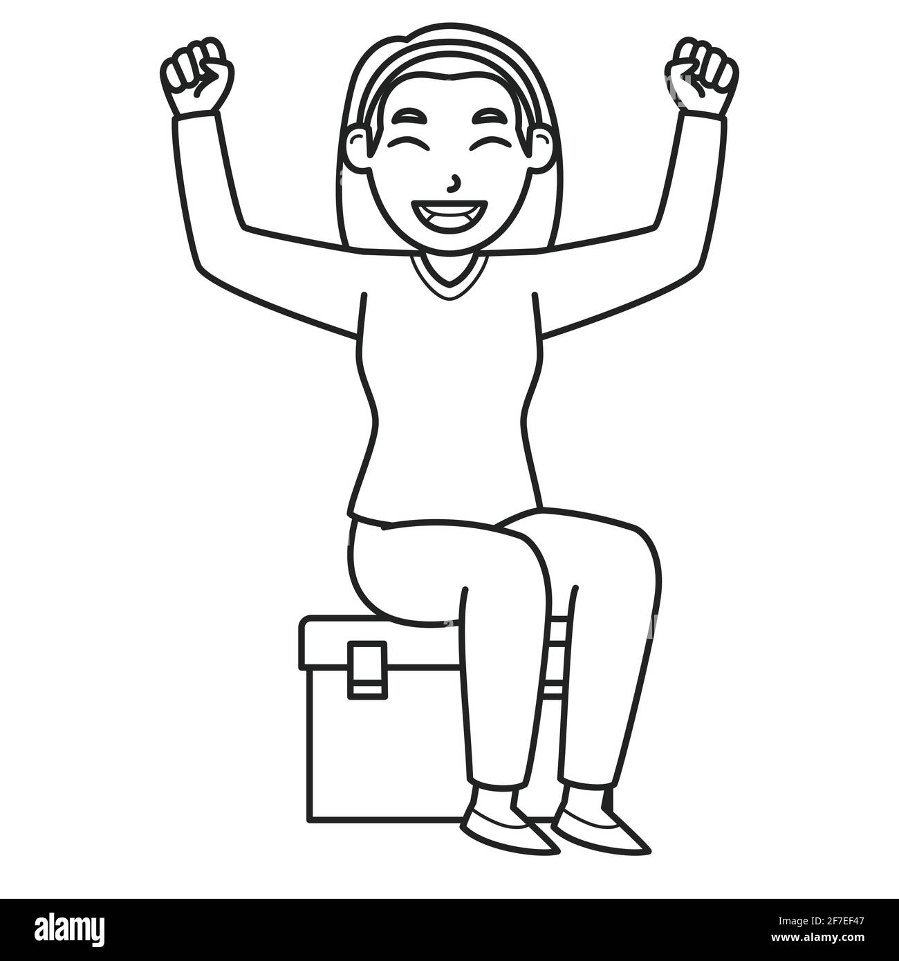 Mama sitzt auf einer Eisbox und fühlt sich glücklich. Zeichen. Schwarz-Weiß-Farbe. Malbuch Illustration. Vektorgrafik Stock Vektor