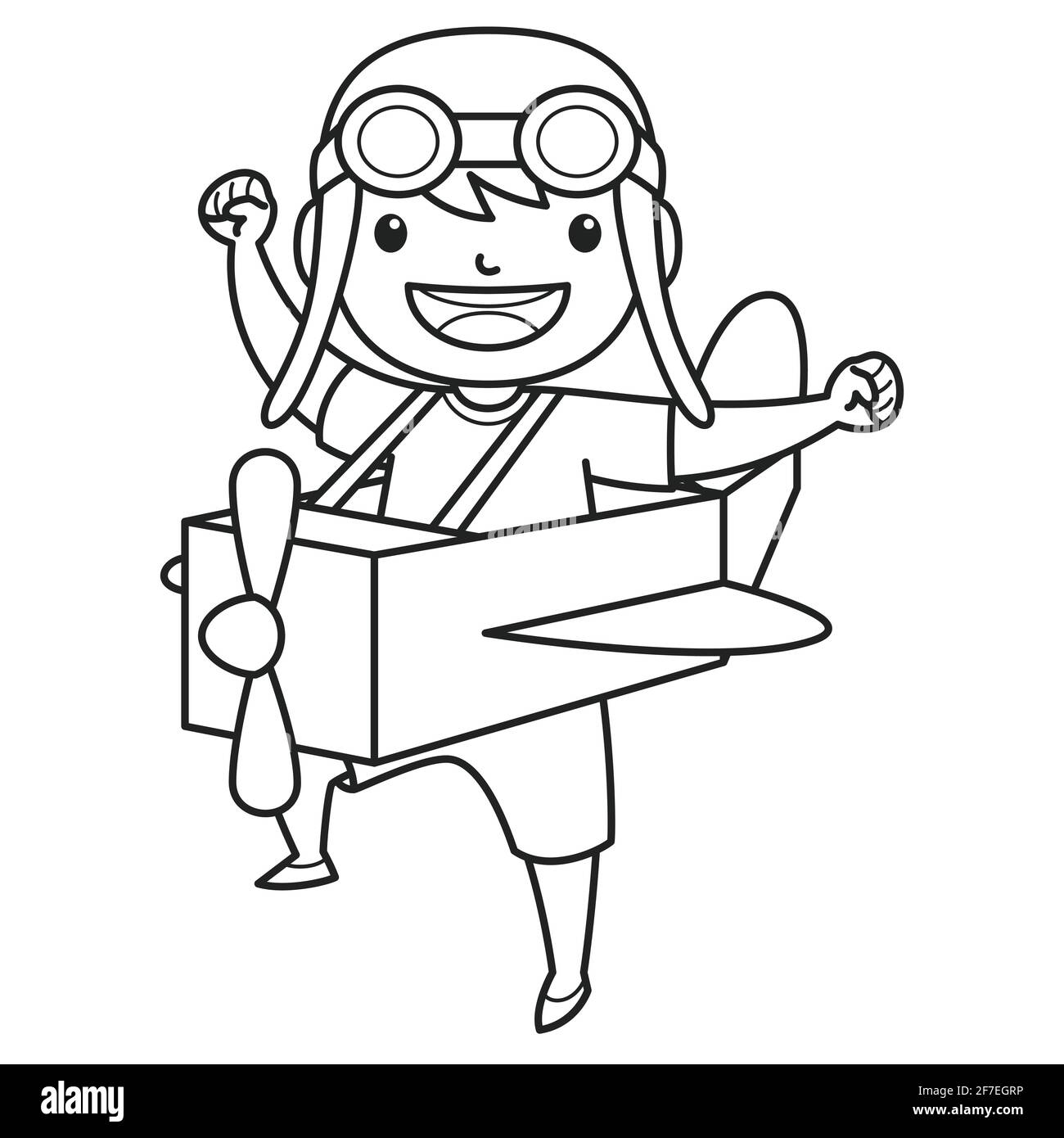 Kind Charakter trägt Pilotenmütze spielt mit Spielzeug Flugzeug aus Pappe. Schwarz-Weiß-Farbe. Malbuch Illustration. Vektor. Stock Vektor