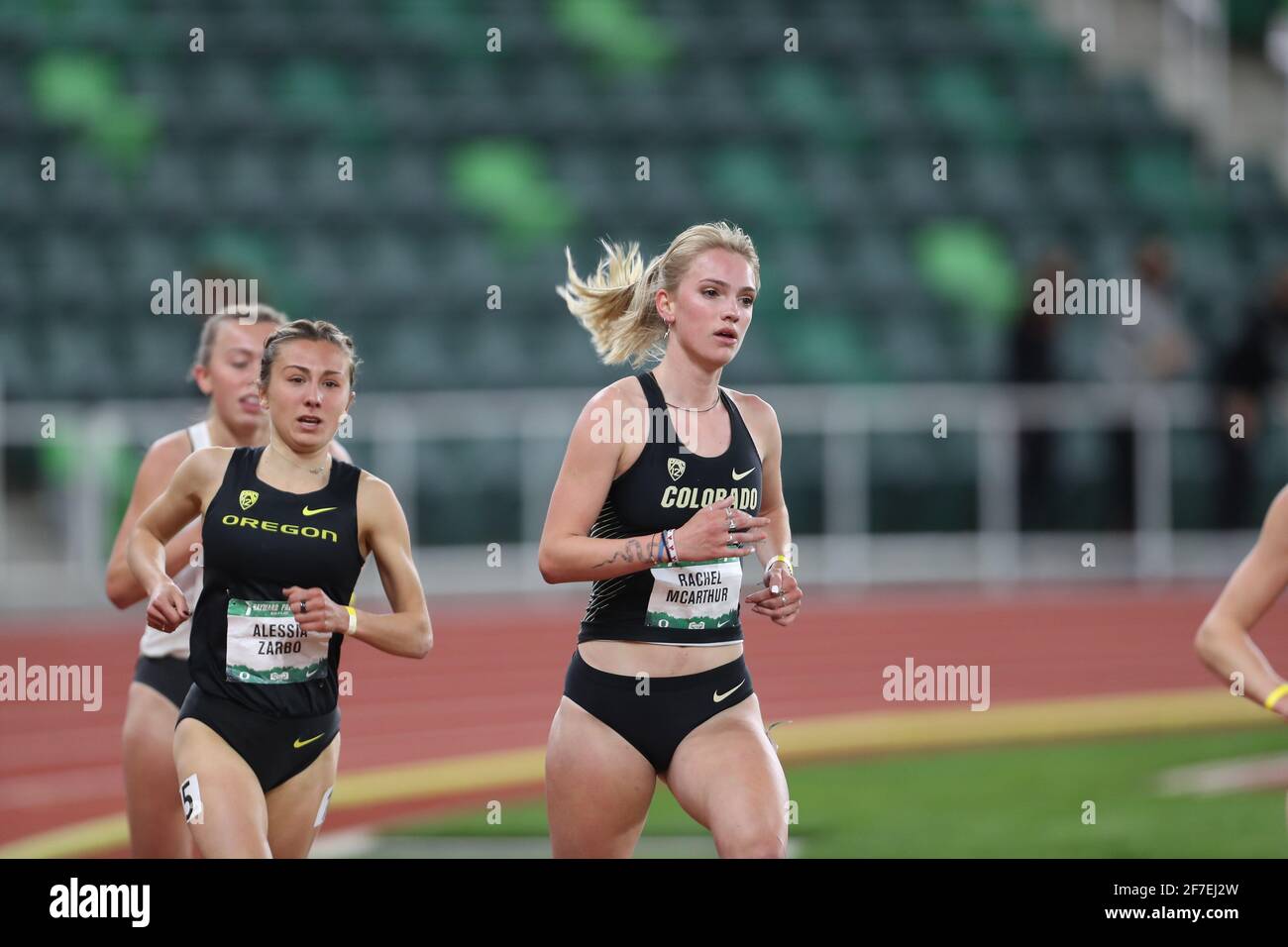 02. April 2021: Rachel McArthur aus Colorado nimmt während der Hayward-Premiere im neu renovierten Hayward Field Track & Field Stadium, Eugene, OR, an der Women's 3000 Steeplechase Teil. Larry C. Lawson/Cal Sport Media Stockfoto