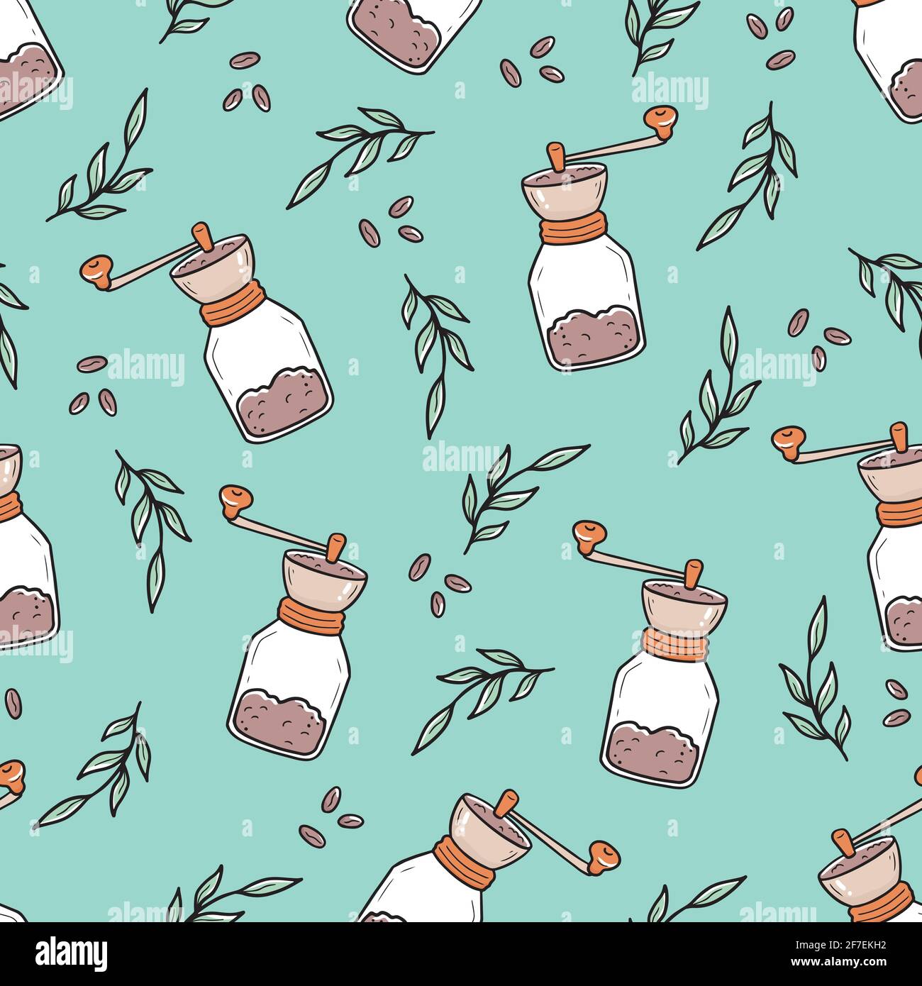 Nahtlose Vektor-Muster der Umrisse Retro-Kaffeemühlen und Tassen Inmitten von Blättern und Bohnen handgezogen im Doodle-Stil Stock Vektor