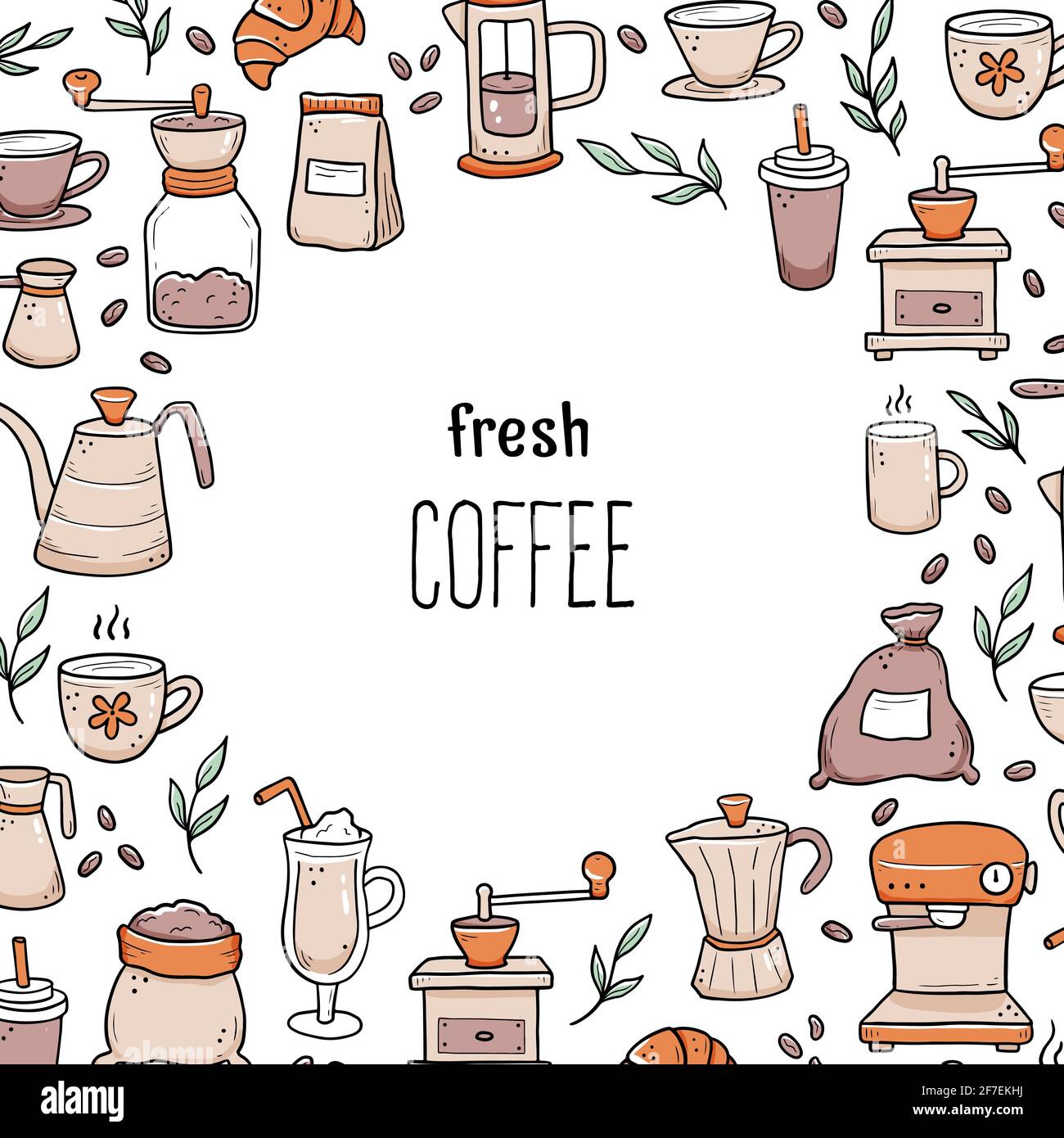 Vektor-Illustration von handgezeichneten Doodle Stil Geräte und Zutaten rund um Fresh Coffee Text. Vorlage für Café, Café, Restaurant Banner, Hintergrund, Rahmen. Stock Vektor