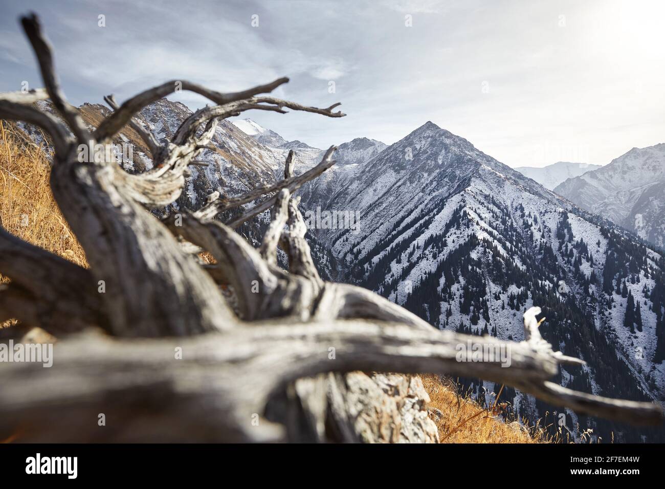 Schöne Landschaft des Berggipfels mit Schnee in Almaty, Kasachstan. Outdoor- und Wanderkonzept Stockfoto