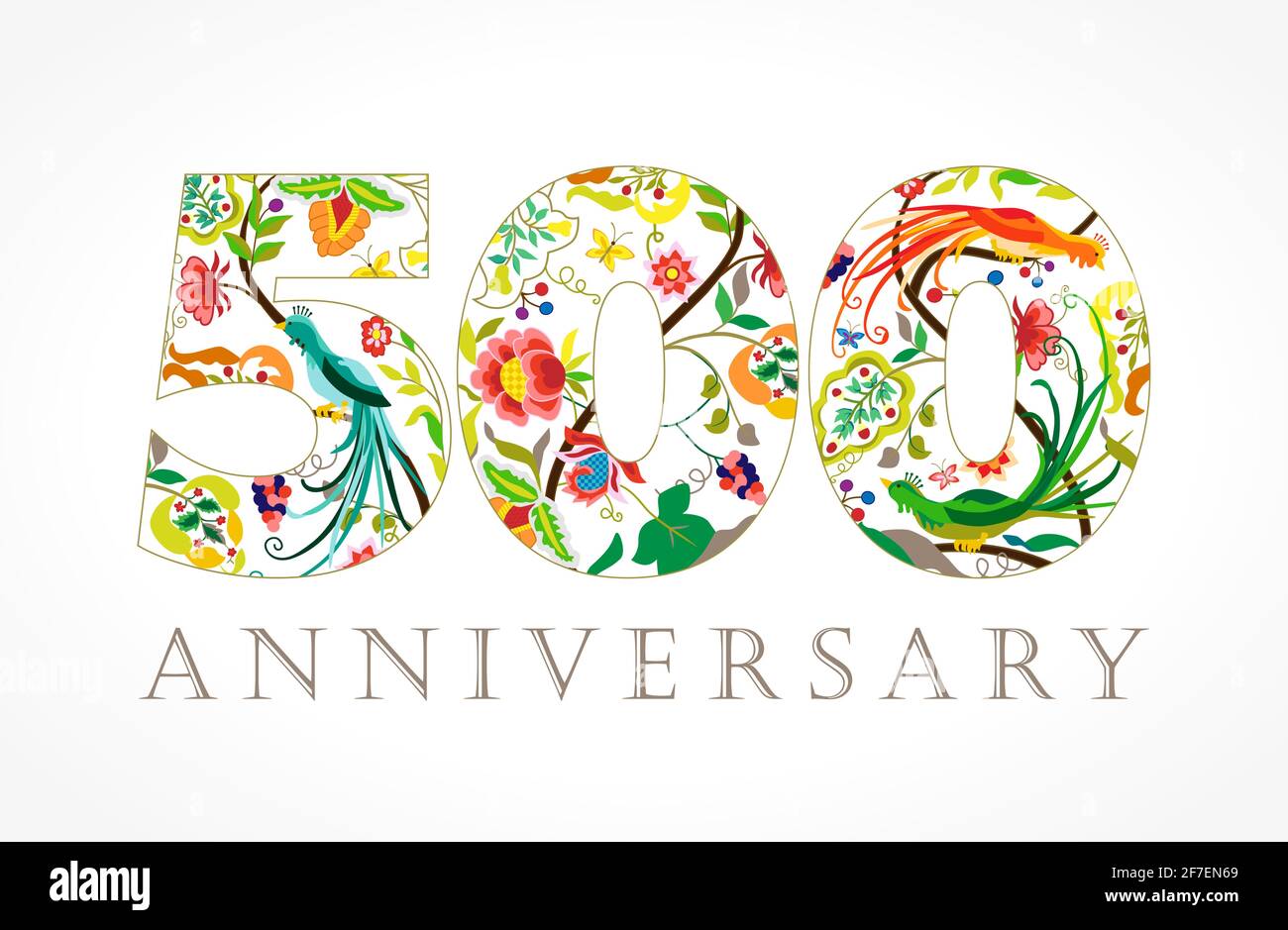 Kreatives Logo-Konzept zum 500. Jahrestag Gratzen in ethnischen Mustern und Paradiesvögeln. Isolierte abstrakte Grafik-Design-Vorlage. Top 500, 5 und Stock Vektor