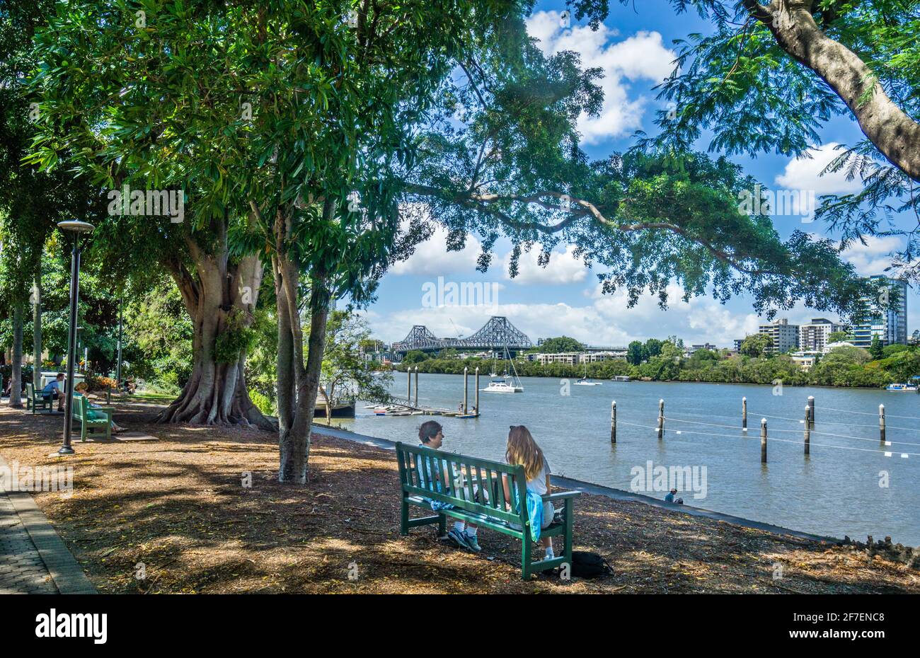 Blick auf den Brisbane River von den Brisbane City Botanic Gardens, Gardens Point, Brisbane CBD, Queensland, Australien Stockfoto