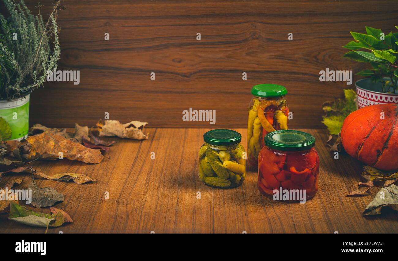 Überwintern von saisonalen Produkten in Gläsern wie Gurken, Paprikas, Paprika in einem Herbstdisplay auf einem Holztisch und an einer Wand. Speicherplatz auf dem kopieren Stockfoto