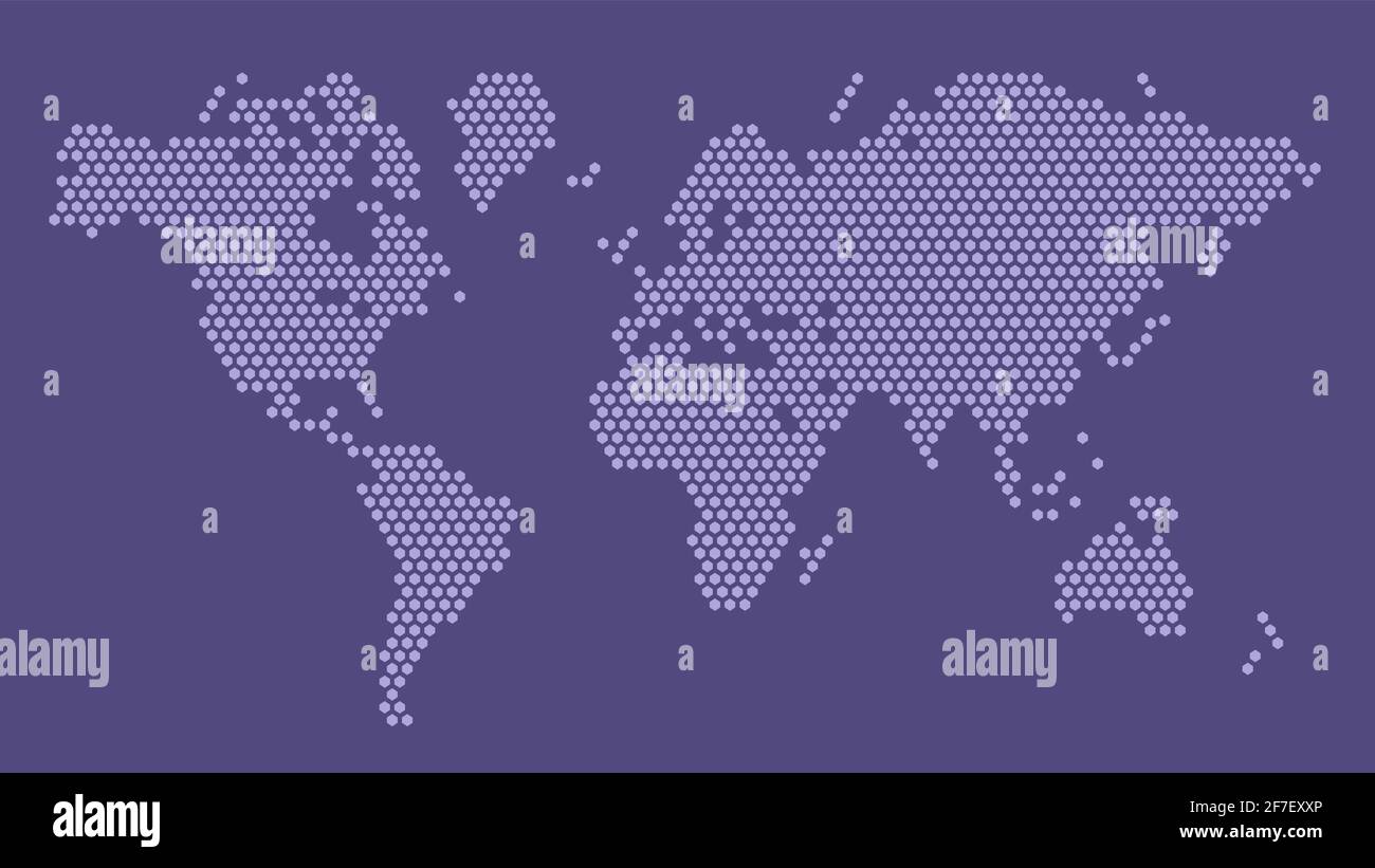 Weltkarte mit violetten sechseckigen Pixeln. Vektor-Illustration Planet Erde Kontinente Sechskantkarte gepunktetes Mosaik. Verwaltungsgrenze, Landzusammensetzung. Stock Vektor