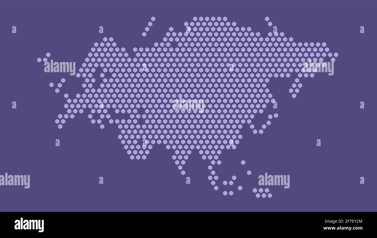 Violette sechseckige Pixelkarte von Eurasien. Vektor-Illustration Eurasischer Kontinent Hexagon-Karte gepunktetes Mosaik. Verwaltungsgrenze, Landzusammensetzung. Stock Vektor