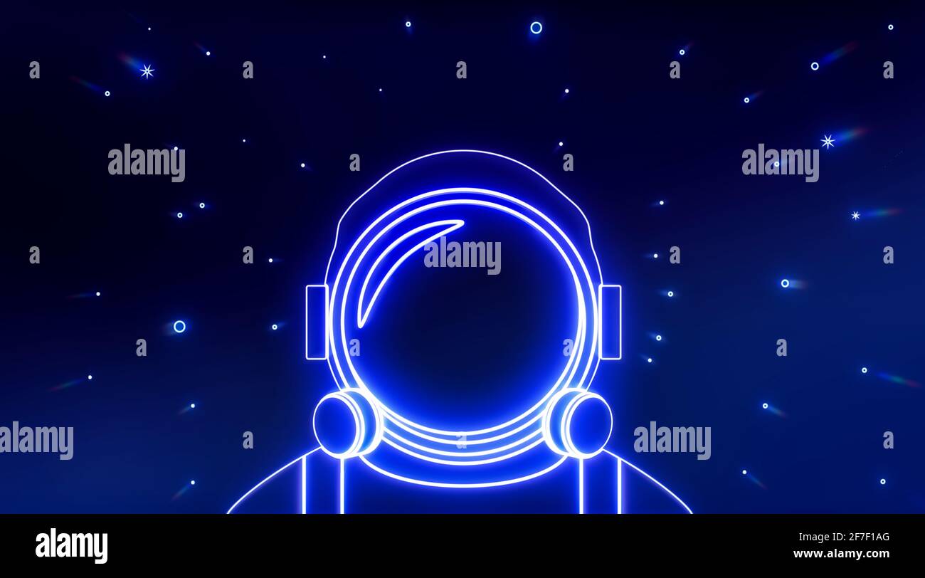 Astronaut Helm Neon-Symbol mit hellen Sternen. Elemente des Raumaufteilungssatzes. Einfaches Symbol für Websites, Webdesign, mobile App, Infografiken. 3d-Rendering - il Stockfoto