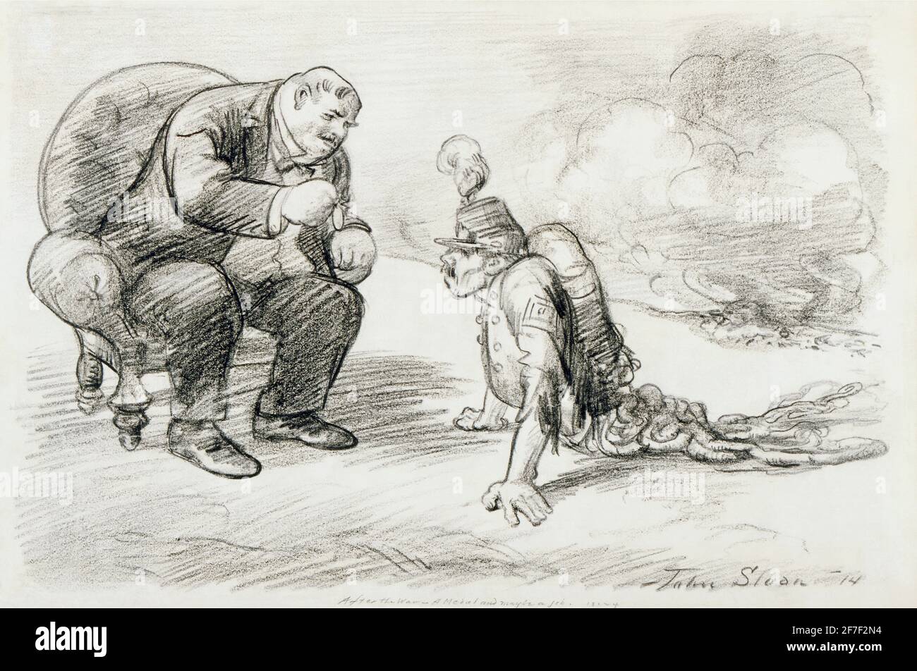 Die Karikatur zeigt einen Veteran des Ersten Weltkriegs, der auf seinen Händen herumläuft und seine Eingeweide hinter sich zieht. US und sie politische Karikatur. Stockfoto