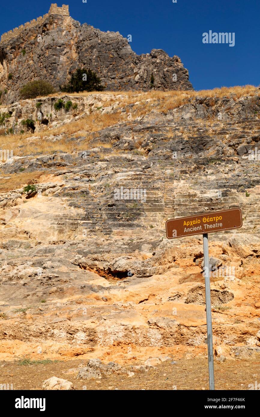 Schild für das antike Theater am Fuße der Lindischen Akropolis in