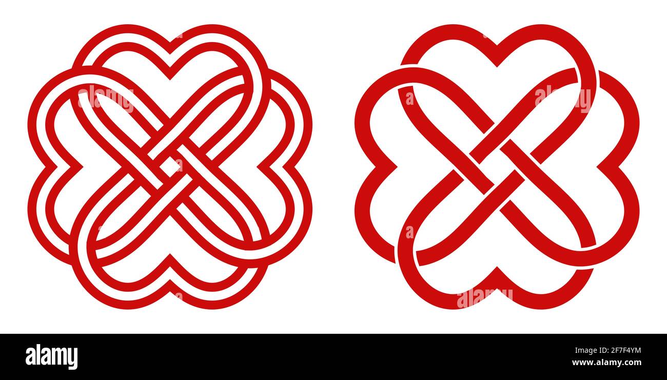 Keltischer Knoten aus roten Herzen in Form einer Blume, Vektor-Knoten Herzen Symbol endlose Liebe gegenseitiges Verständnis und Freundschaft Stock Vektor