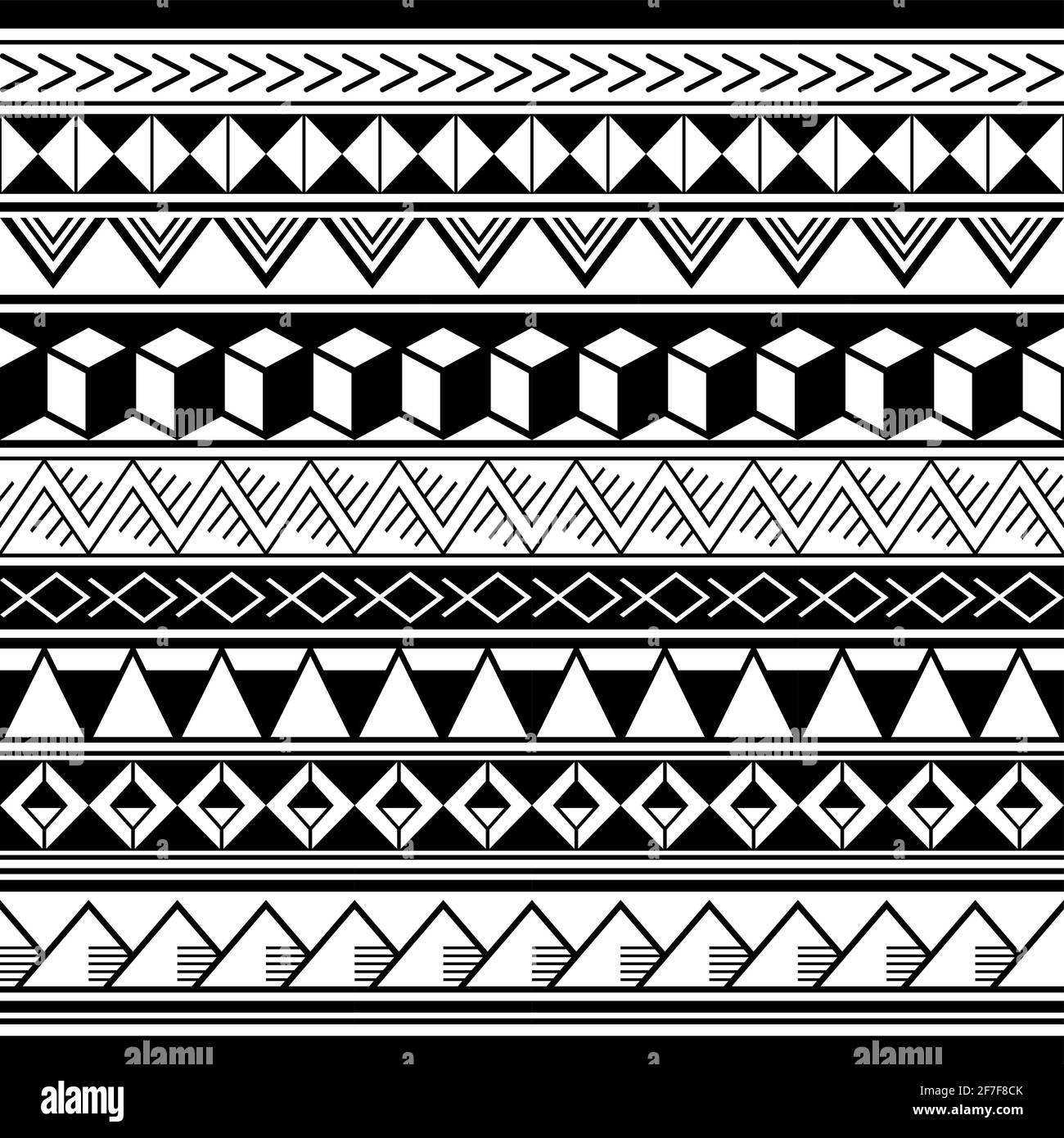 Polynesische ethnische geometrische nahtlose Vektor-Muster, retro hawaiianische Tribal-repetitive Design in schwarz und weiß Stock Vektor