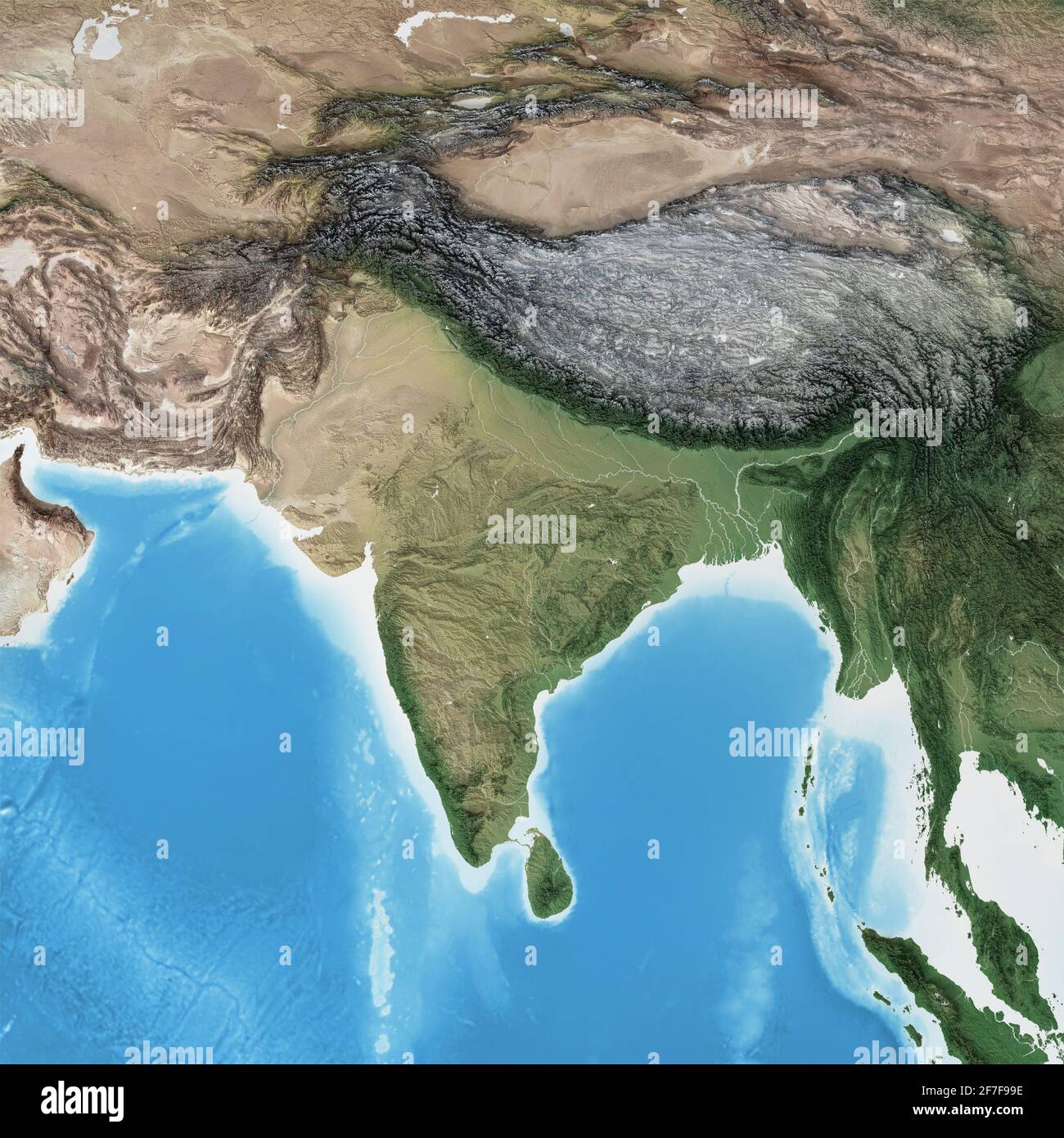 Physische Karte von Südasien, mit hochauflösenden Details. Abgeflachte Satellitenansicht des Planeten Erde und seiner Geographie - von der NASA eingerichtete Elemente Stockfoto