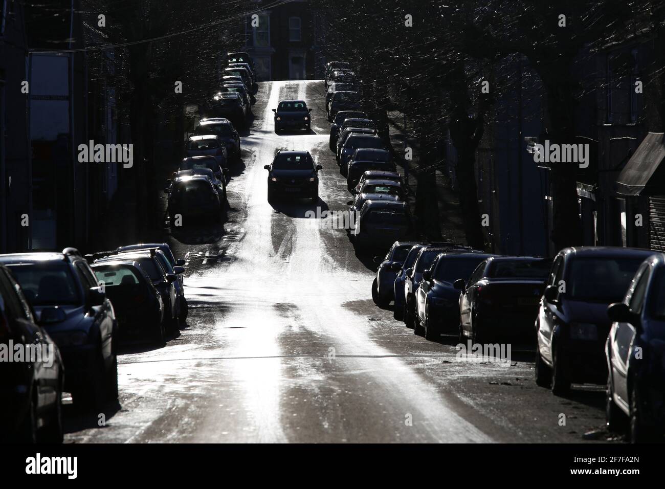 Swansea, Wales, Großbritannien - 6. Dezember 2020, von Bäumen gesäumte Stadtstraße voller geparkter Autos, hoher Kontrast Stockfoto