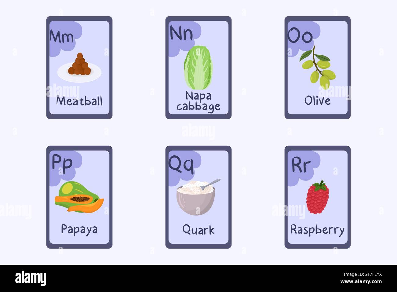Bunte Alphabet Flashcard Buchstaben M N O P Q R Fleischballchen Napa Kohl Oliven Papaya Quark Himbeere Stock Vektorgrafik Alamy