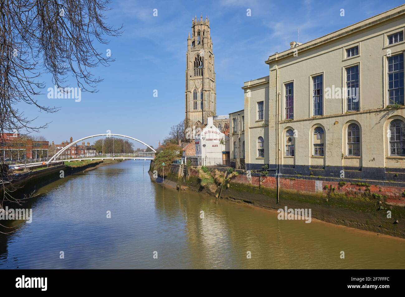 Boston Stump oder St. Botolph's Kirche und Fluss Witham Boston Lincolnshire England GB UK EU Europa Stockfoto