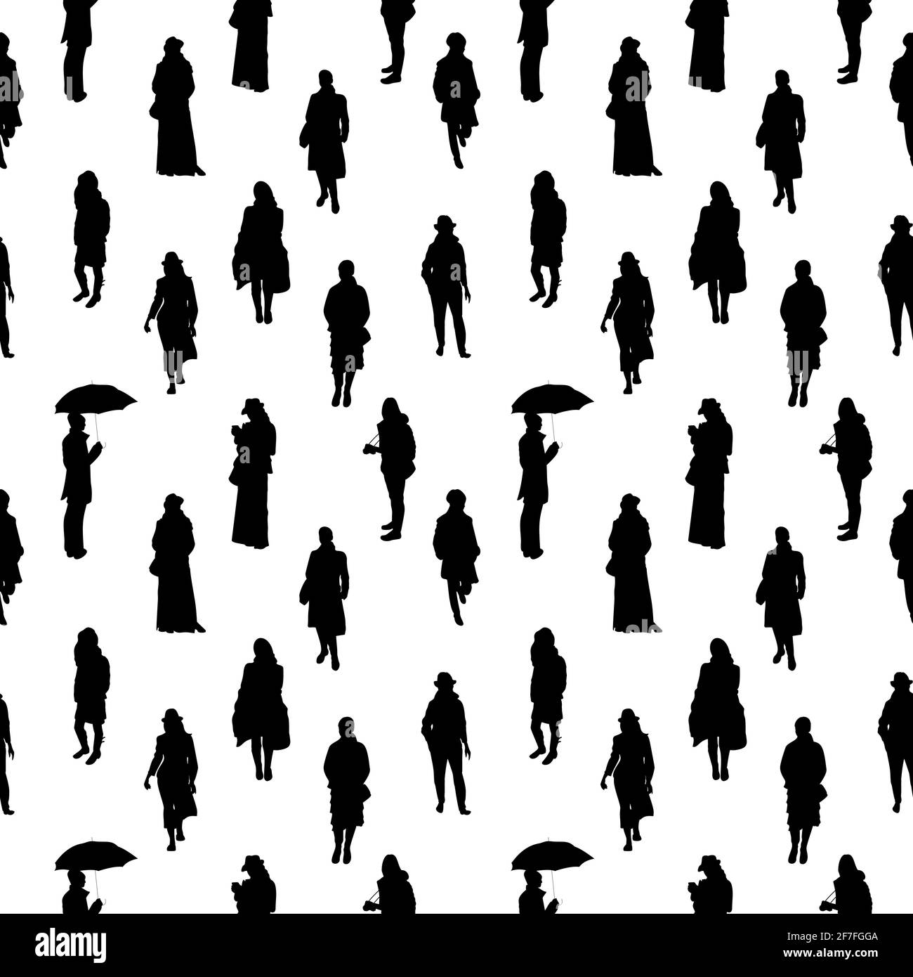 Schwarz-Weiß-Schwarzweiß-Nahtloses Muster mit Silhouetten von vielen Personen, die in warmer Kleidung stehen und gehen. Stock Vektor
