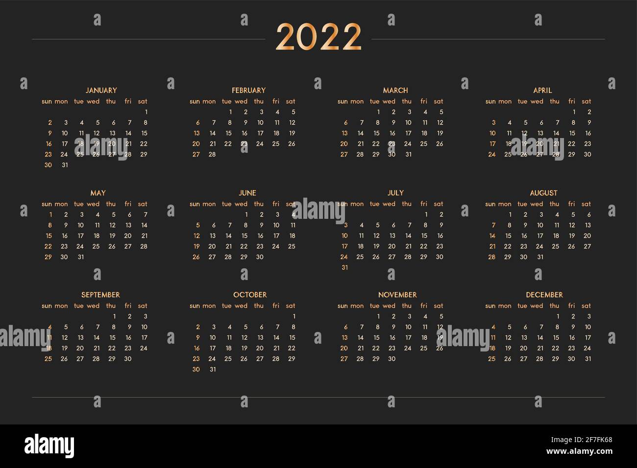 Kalender 2022 für Personal Planner Tagebuch Notizbuch, Gold auf schwarzem  Luxus reichen Stil. Horizontales Format im Querformat. Die Woche beginnt am  sonntag Stock-Vektorgrafik - Alamy