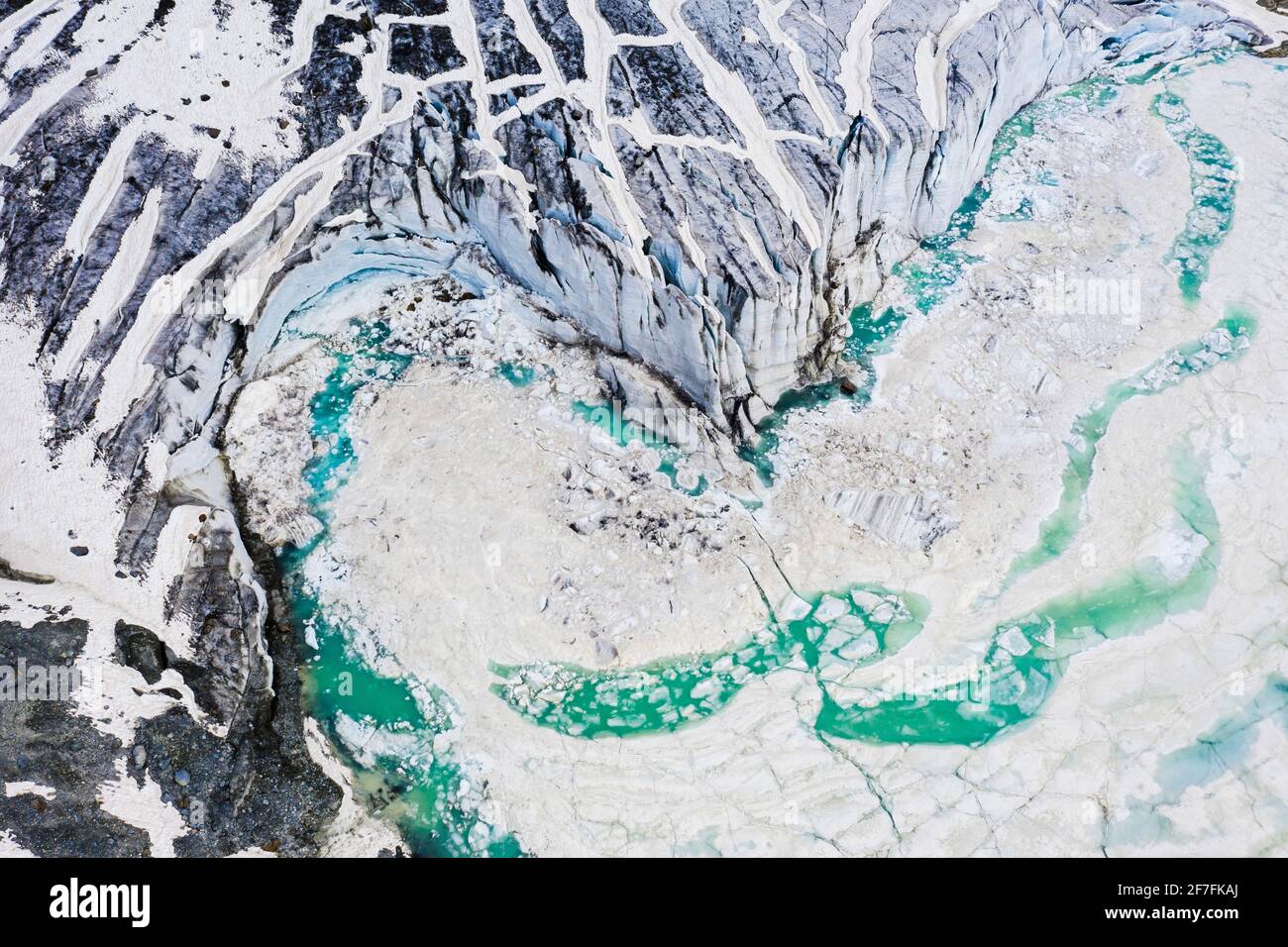 Luftaufnahme von abstrakten Details des Fellaria-Gletschers, Valmalenco, Valtellina, Sondrio-Provinz, Lombardei, Italien, Europa Stockfoto
